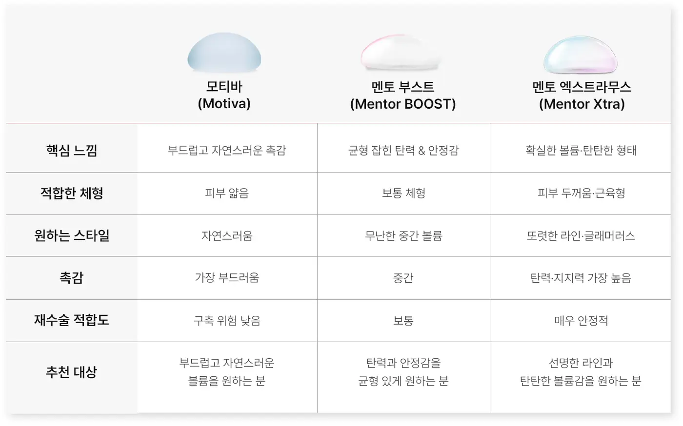 모티바와 멘토 부스트, 멘토 엑스트라의 항목별 비교표