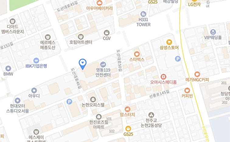 선릉로와 도산대로 사이 병원 위치를 표시한 약도