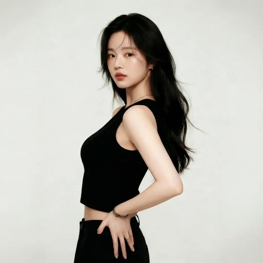 검은 민소매를 입고 옆으로 선 상반신